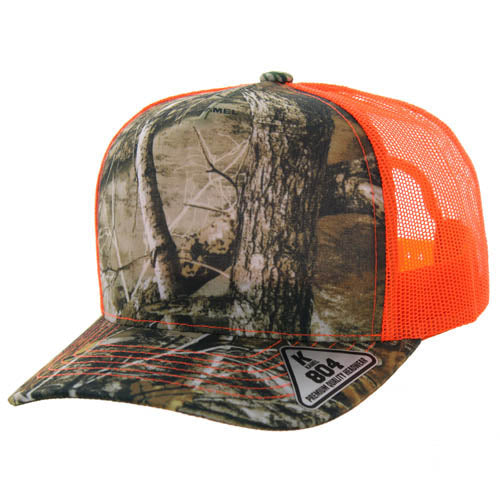 804T | TRUCKER HAT - Hunting Camo/Orange