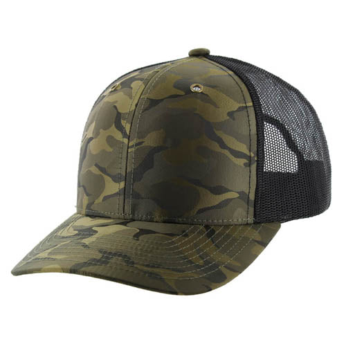K815NCT , 6 PANEL, SLIGHT CURVE VISOR TRUCKER HAT , OLIVE CAMO/BLACK