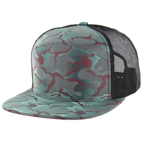707NCT | NYLON CAMO TRUCKER HAT - Teal Burgundy Camo/black