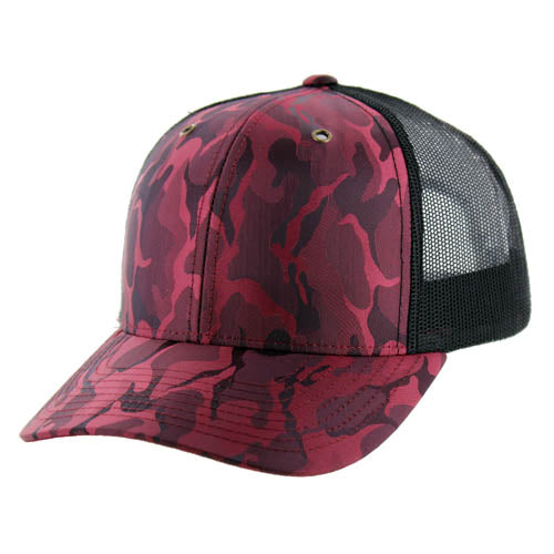 815NCT | NYLON CAMO TRUCKER HAT - Burgundy Camo/Black