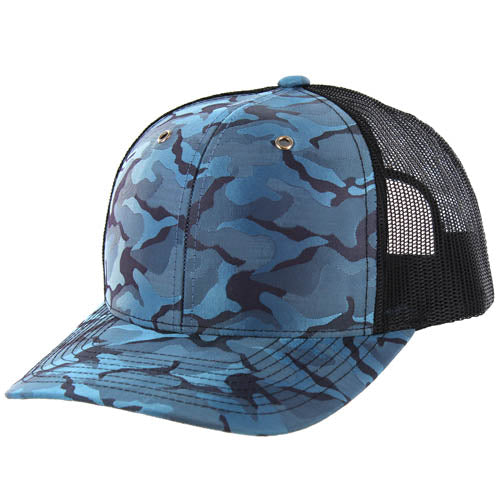 815NCT | NYLON CAMO TRUCKER HAT - Cobalt Camo/Black