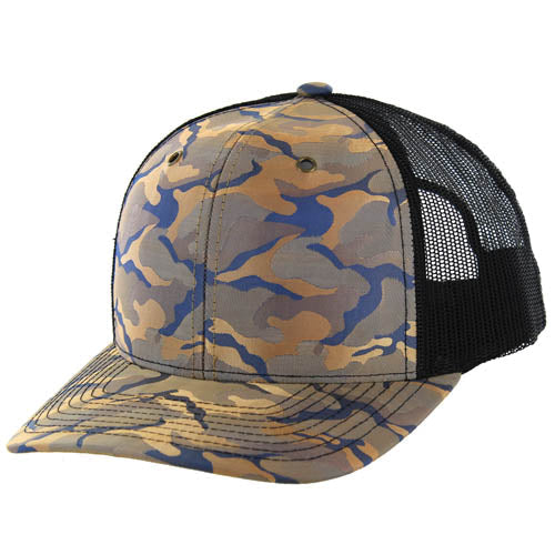 815NCT | NYLON CAMO TRUCKER HAT - Khaki Blue Camo/Black