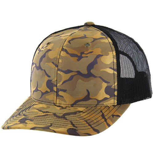 815NCT | NYLON CAMO TRUCKER HAT - Khaki Camo/Black