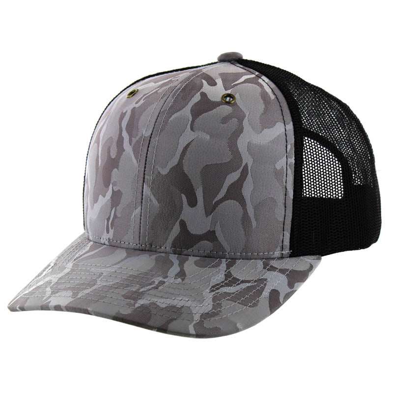 K815NCT , 6 PANEL, SLIGHT CURVE VISOR TRUCKER HAT , GREY CAMO/BLACK