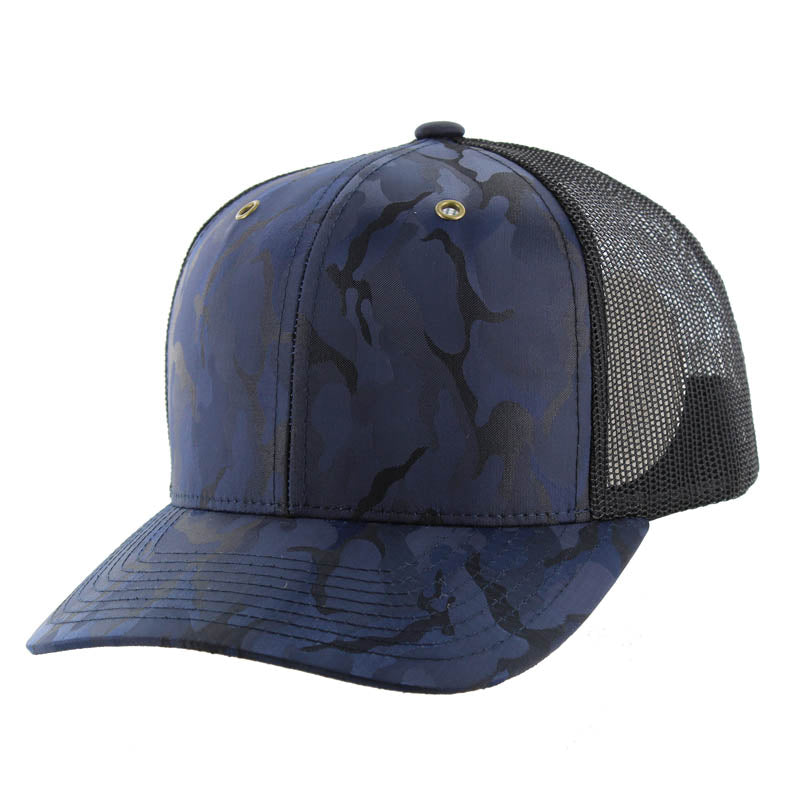 K815NCT , 6 PANEL, SLIGHT CURVE VISOR TRUCKER HAT , NAVY CAMO/BLACK