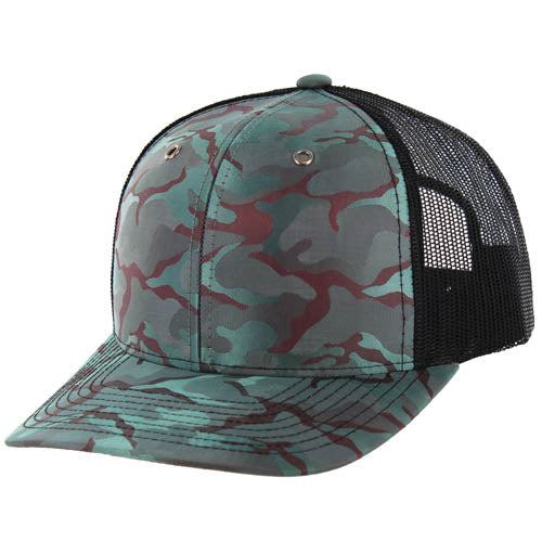 815NCT | NYLON CAMO TRUCKER HAT - Teal Burgundy Camo/Black
