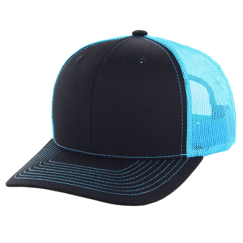 K815 , 6 PANEL, SLIGHT CURVE VISOR TRUCKER HAT , BLACK/NEON BLUE