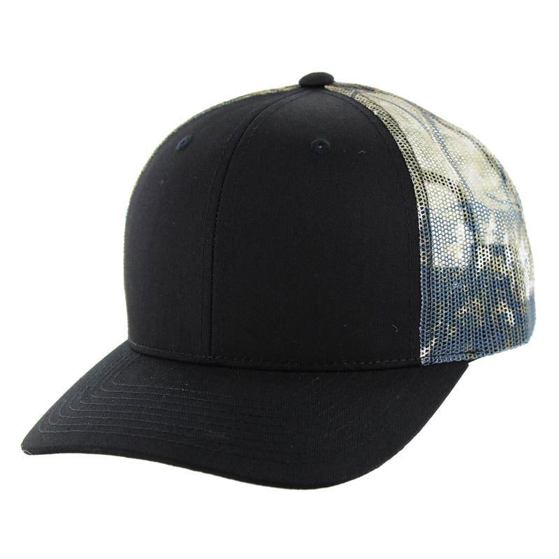 K815 , 6 PANEL, SLIGHT CURVE VISOR TRUCKER HAT , BLACK/HUNTING CAMO ...