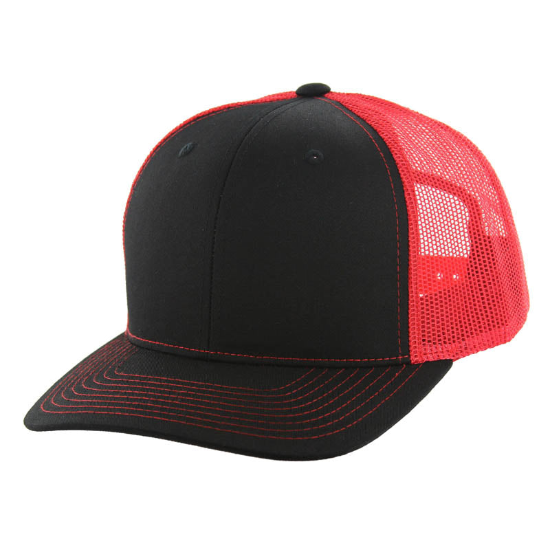 K815 , 6 PANEL, SLIGHT CURVE VISOR TRUCKER HAT , BLACK/RED