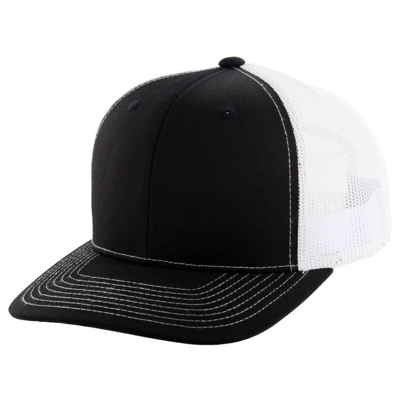 K815 , 6 PANEL, SLIGHT CURVE VISOR TRUCKER HAT , BLACK/WHITE