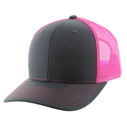 K815 , 6 PANEL, SLIGHT CURVE VISOR TRUCKER HAT , CHARCOAL/NEON PINK