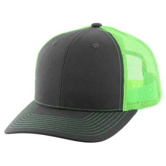 K815 , 6 PANEL, SLIGHT CURVE VISOR TRUCKER HAT , CHARCOAL/NEON GREEN