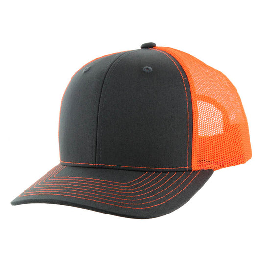 K815 , 6 PANEL, SLIGHT CURVE VISOR TRUCKER HAT , CHARCOAL/NEON ORANGE