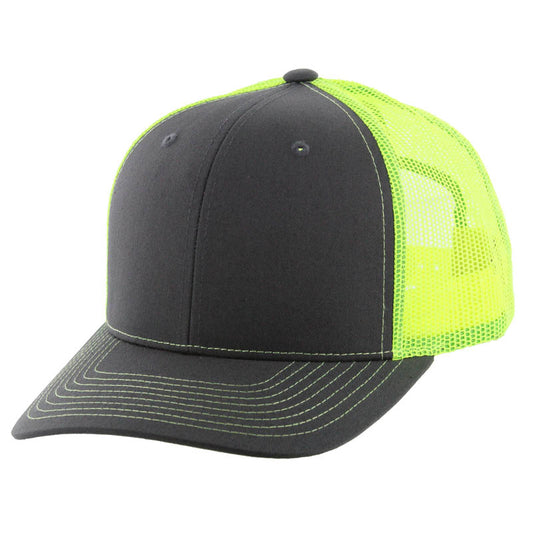 K815 , 6 PANEL, SLIGHT CURVE VISOR TRUCKER HAT , CHARCOAL/NEON YELLOW