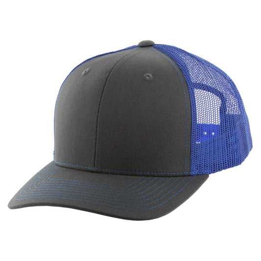 K815 , 6 PANEL, SLIGHT CURVE VISOR TRUCKER HAT , CHARCOAL/ROYAL