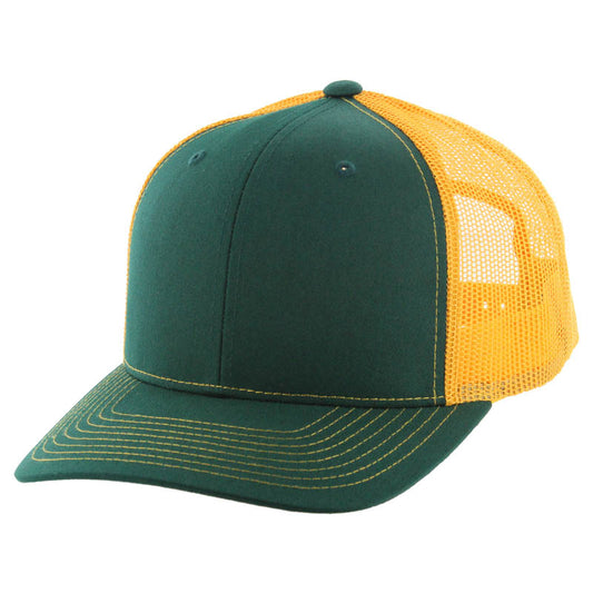 K815 , 6 PANEL, SLIGHT CURVE VISOR TRUCKER HAT , DARK GREEN/GOLD