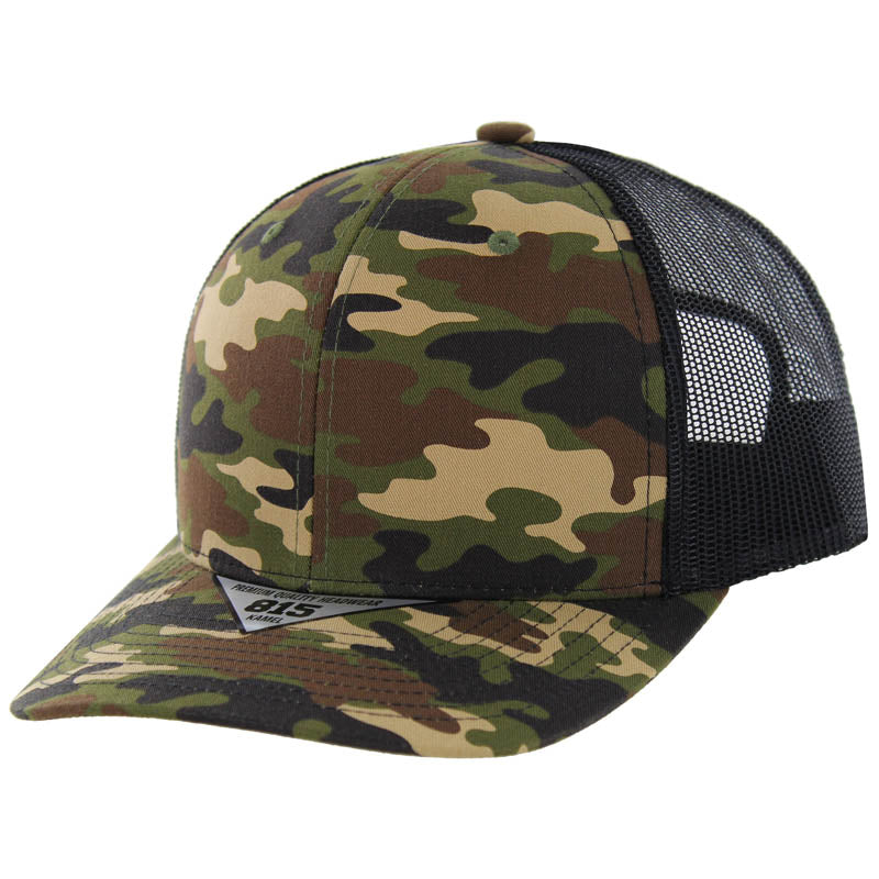 K815 , 6 PANEL, SLIGHT CURVE VISOR TRUCKER HAT , GREEN CAMO/BLACK ...