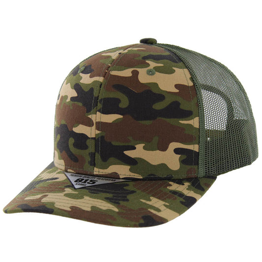 K815 , 6 PANEL, SLIGHT CURVE VISOR TRUCKER HAT , GREEN CAMO/OLIVE