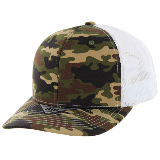 K815 , 6 PANEL, SLIGHT CURVE VISOR TRUCKER HAT , GREEN CAMO/WHITE