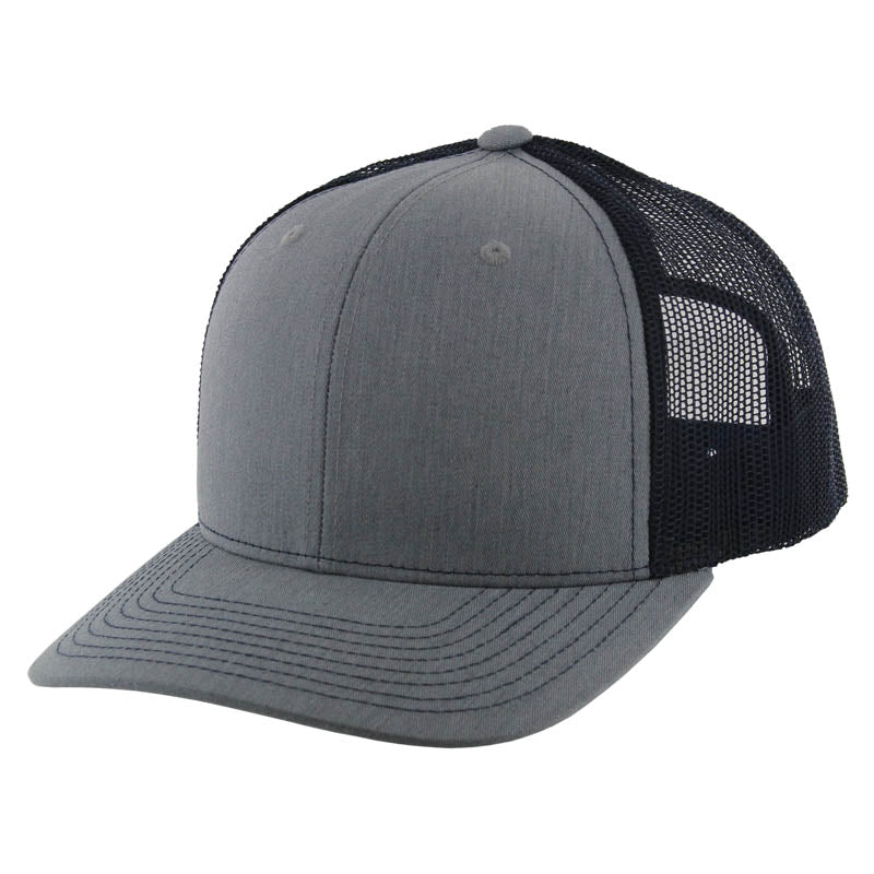 K815 , 6 PANEL, SLIGHT CURVE VISOR TRUCKER HAT , HEATHER GREY/NAVY