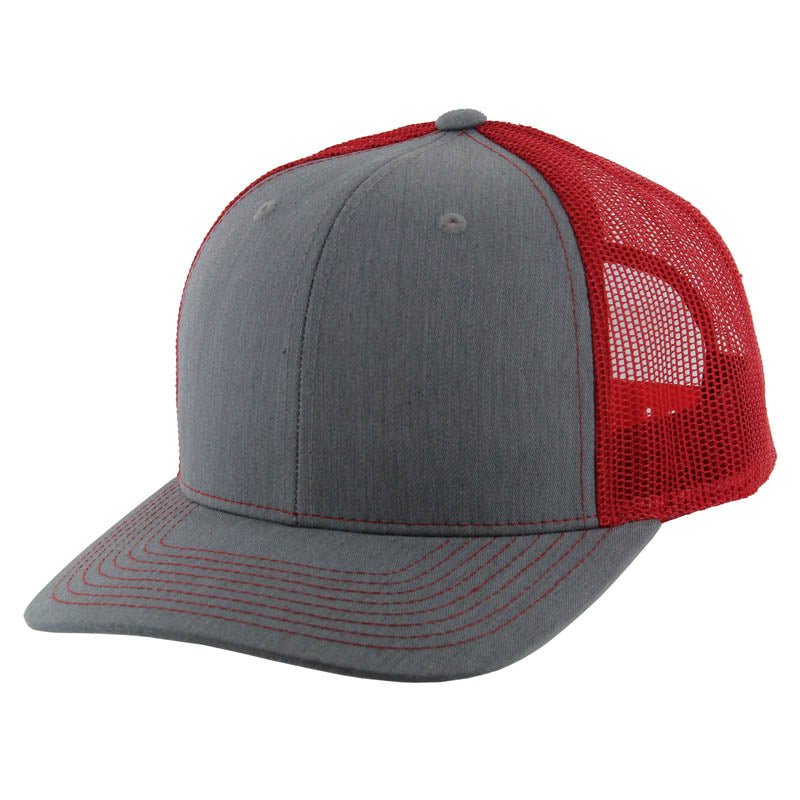 K815 , 6 PANEL, SLIGHT CURVE VISOR TRUCKER HAT , HEATHER GREY/RED