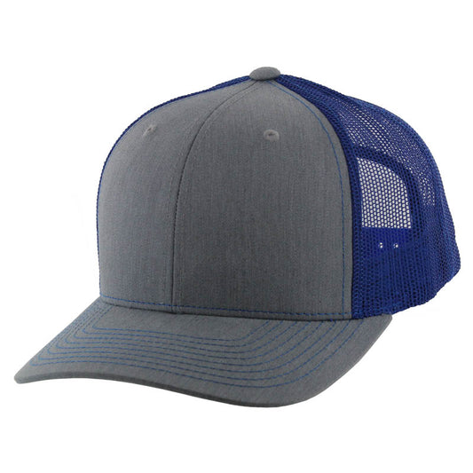 K815 , 6 PANEL, SLIGHT CURVE VISOR TRUCKER HAT , HEATHER GREY/ROYAL