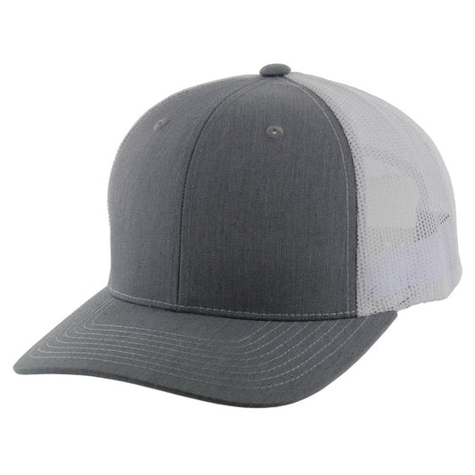 K815 , 6 PANEL, SLIGHT CURVE VISOR TRUCKER HAT , HEATHER GREY/WHITE