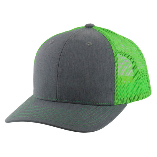 K815 , 6 PANEL, SLIGHT CURVE VISOR TRUCKER HAT , HEATHER GREY/NEON GREEN