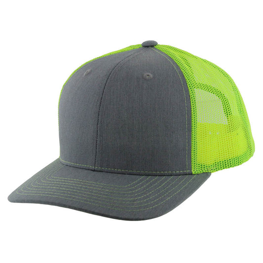 K815 , 6 PANEL, SLIGHT CURVE VISOR TRUCKER HAT , HEATHER GREY/NEON YELLOW