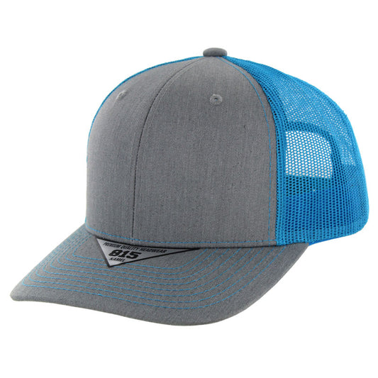 K815 , 6 PANEL, SLIGHT CURVE VISOR TRUCKER HAT , HEATHER GREY/NEON BLUE