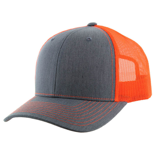 K815 , 6 PANEL, SLIGHT CURVE VISOR TRUCKER HAT , HEATHER GREY/NEON ORANGE