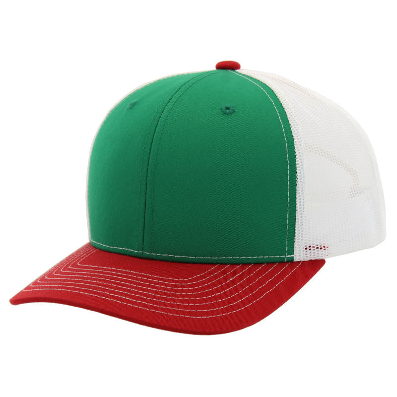 K815 , 6 PANEL, SLIGHT CURVE VISOR TRUCKER HAT , KELLY GREEN/RED/WHITE