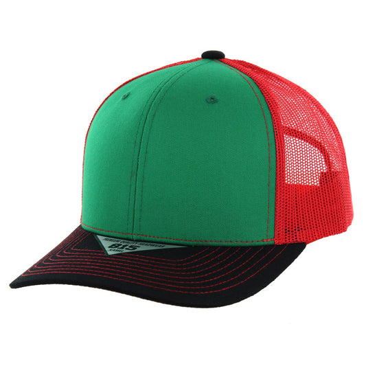 K815 , 6 PANEL, SLIGHT CURVE VISOR TRUCKER HAT , KELLY GREEN/BLACK/RED