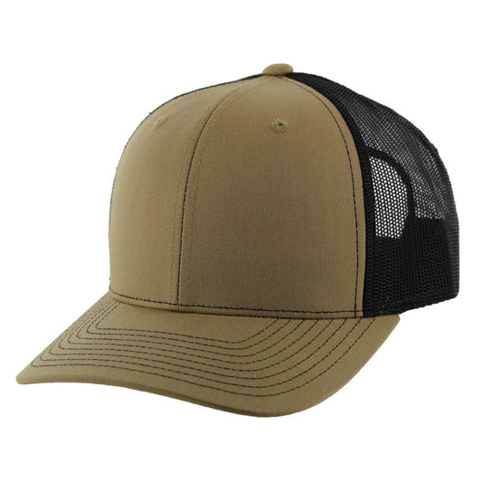 K815 , 6 PANEL, SLIGHT CURVE VISOR TRUCKER HAT , KHAKI/BLACK