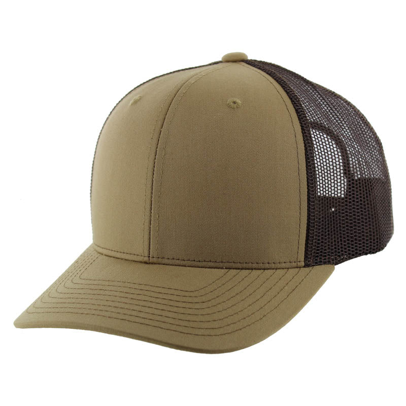 K815 , 6 PANEL, SLIGHT CURVE VISOR TRUCKER HAT , KHAKI/BROWN – KAMEL ...