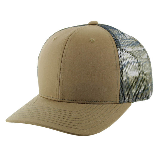 K815 , 6 PANEL, SLIGHT CURVE VISOR TRUCKER HAT , KHAKI/HUNTING CAMO