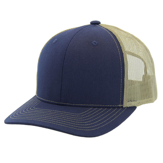 K815 , 6 PANEL, SLIGHT CURVE VISOR TRUCKER HAT , NAVY/KHAKI