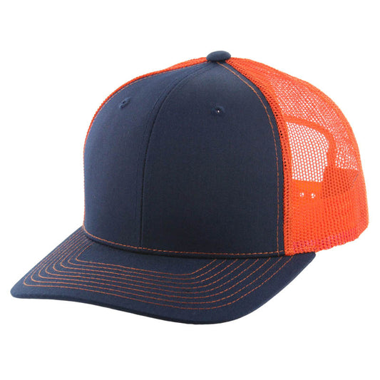 K815 , 6 PANEL, SLIGHT CURVE VISOR TRUCKER HAT , NAVY/NEON ORANGE