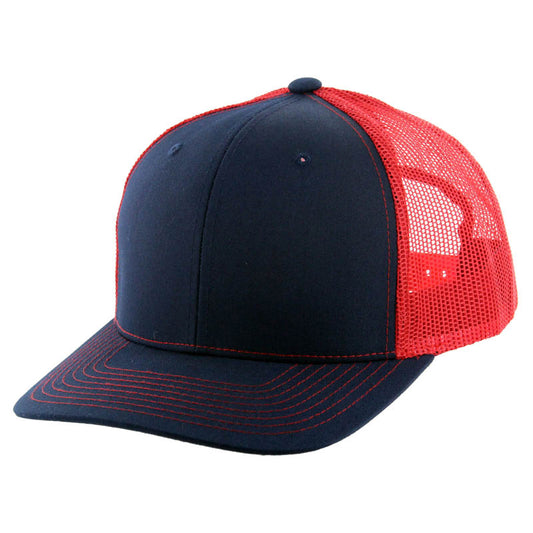 K815 , 6 PANEL, SLIGHT CURVE VISOR TRUCKER HAT , NAVY/RED