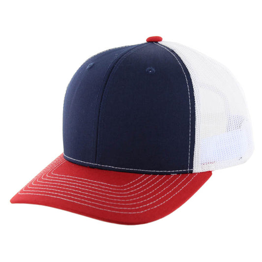 K815 , 6 PANEL, SLIGHT CURVE VISOR TRUCKER HAT , NAVY/RED/WHITE