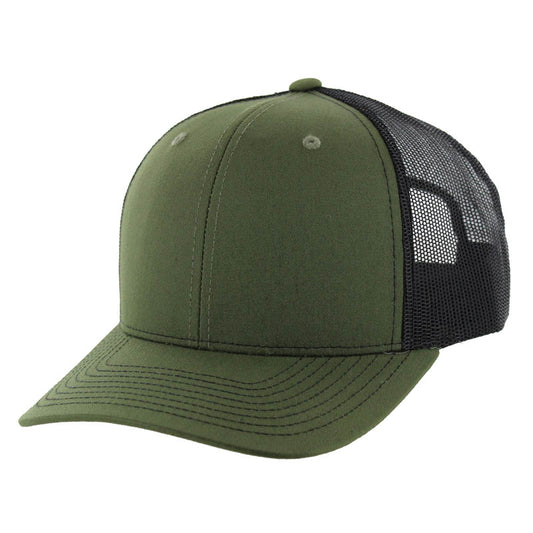 K815 , 6 PANEL, SLIGHT CURVE VISOR TRUCKER HAT , OLIVE/BLACK