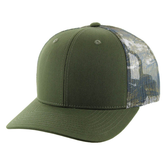 K815 , 6 PANEL, SLIGHT CURVE VISOR TRUCKER HAT , OLIVE/HUNTING CAMO