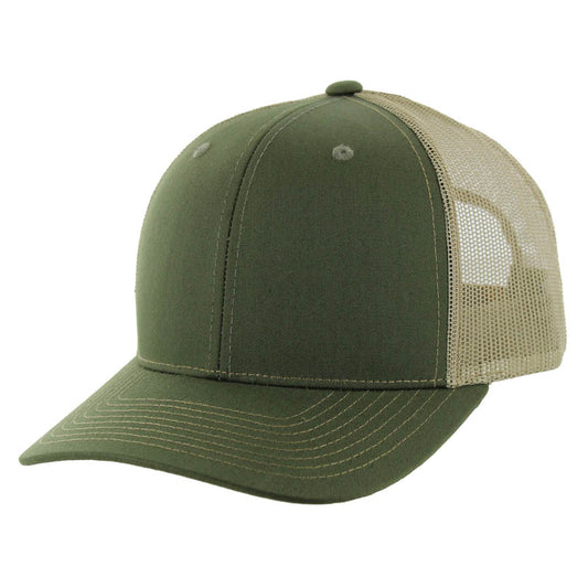 K815 , 6 PANEL, SLIGHT CURVE VISOR TRUCKER HAT , OLIVE/KHAKI