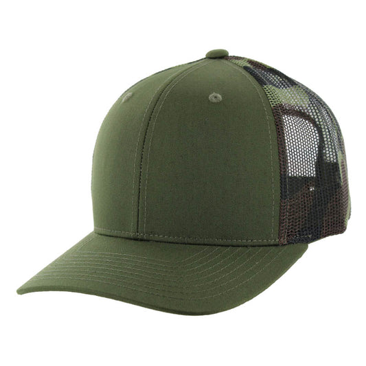 K815 , 6 PANEL, SLIGHT CURVE VISOR TRUCKER HAT , OLIVE/GREEN CAMO