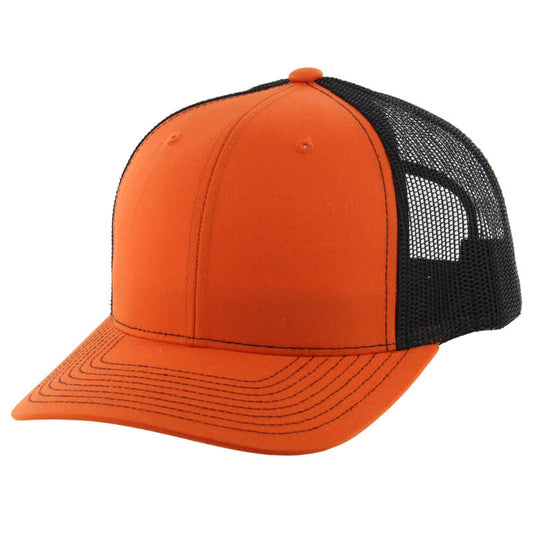 K815 , 6 PANEL, SLIGHT CURVE VISOR TRUCKER HAT , ORANGE/BLACK