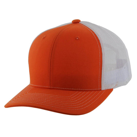 K815 , 6 PANEL, SLIGHT CURVE VISOR TRUCKER HAT , ORANGE/WHITE