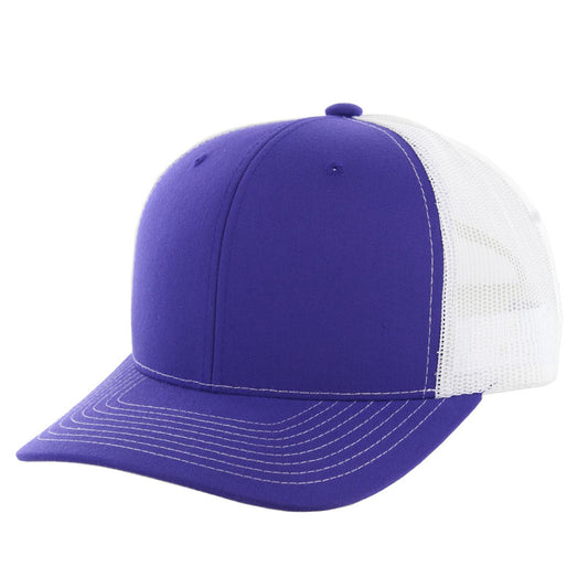 K815 , 6 PANEL, SLIGHT CURVE VISOR TRUCKER HAT , PURPLE/WHITE