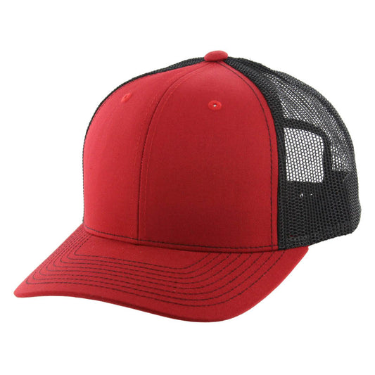 K815 , 6 PANEL, SLIGHT CURVE VISOR TRUCKER HAT , RED/BLACK