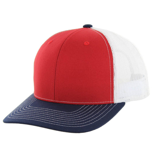 K815 , 6 PANEL, SLIGHT CURVE VISOR TRUCKER HAT , RED/NAVY/WHITE