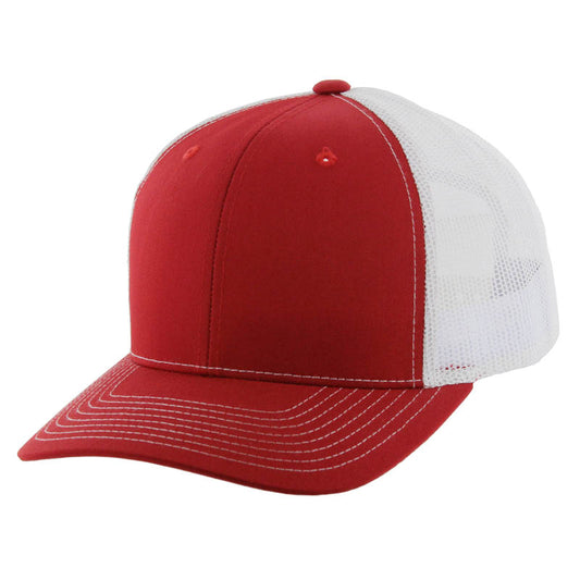 K815 , 6 PANEL, SLIGHT CURVE VISOR TRUCKER HAT , RED/WHITE